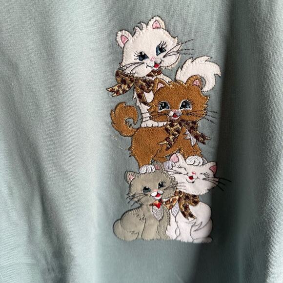 Green & White Crewneck Sweatshirt with Ribbed Trim Cat Appliqué Granny Womens L - Picture 5 of 7